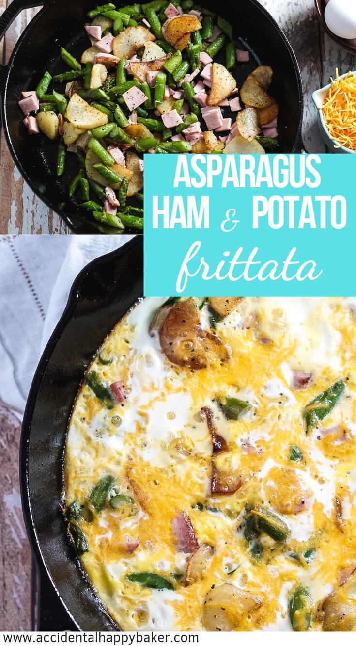 Creamy eggs, tender asparagus, ham, potatoes and cheese make a hearty breakfast dish that comes together in less than 30 minutes. #frittatarecipe #asparagus #breakfast #accidentalhappybaker
