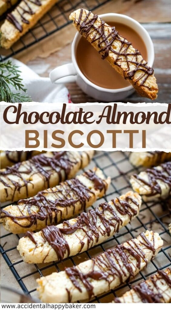 Chocolate almond biscotti are crisp buttery cookies full of sliced almonds and drizzled with chocolate that make the perfect cookie for dunking in coffee or cocoa. 