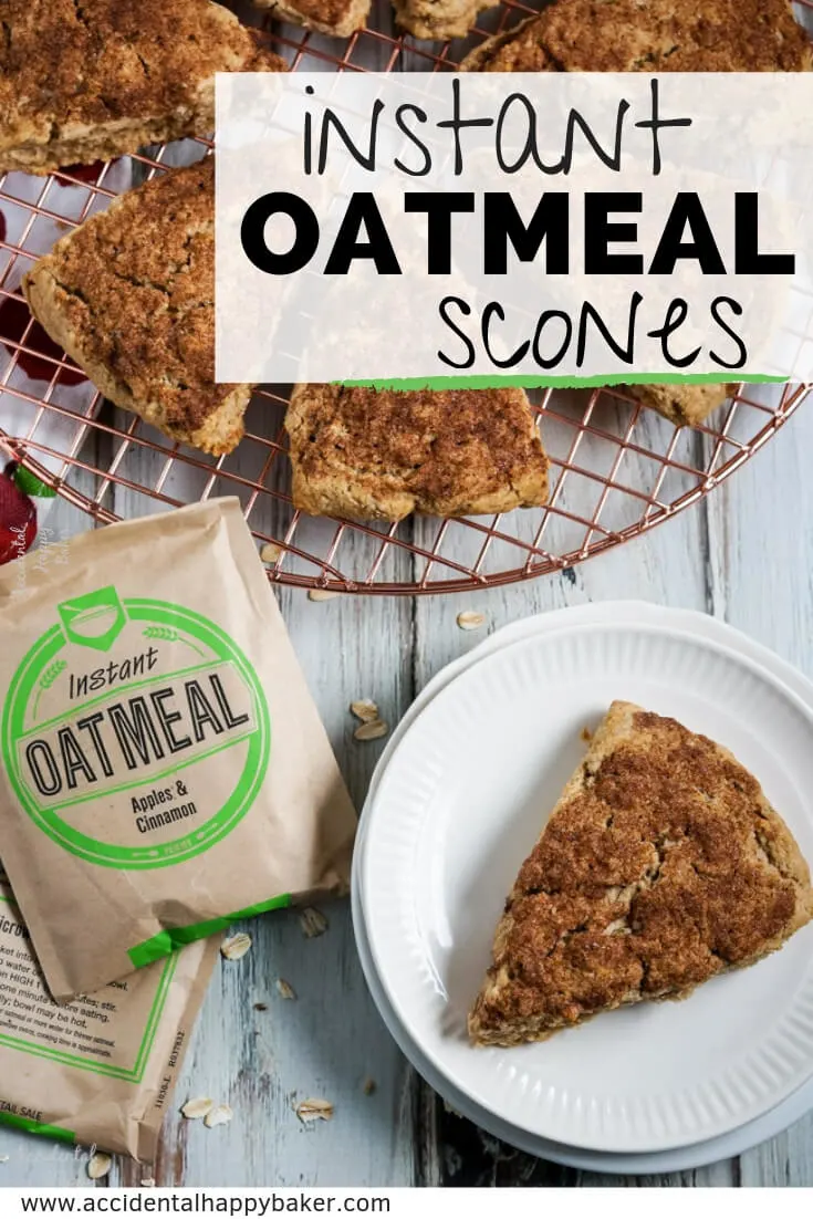 These sweet and tender instant oatmeal scones are baked with a crunchy cinnamon sugar topping and made versatile by using instant oatmeal packets! #oatmealscones #instantoatmeal #sconesrecipe #bakinghack #accidentalhappybaker
