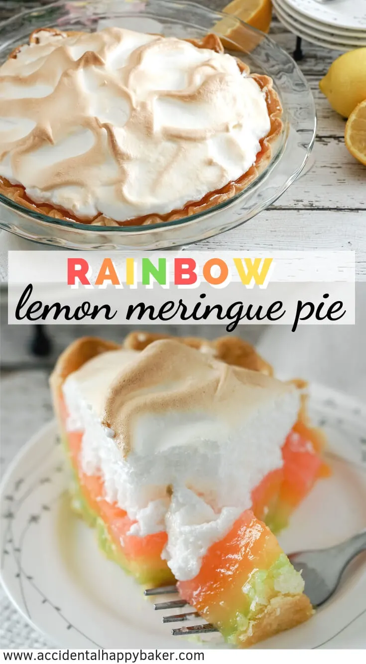 Fun and fruity!  Rainbow Lemon Meringue pie has the fresh sweet citrus flavor of classic lemon meringue with a colorful rainbow surprise hiding inside. #lemonmeringuepie #rainbowdessert #lemon #rainbow #accidentalhappybaker