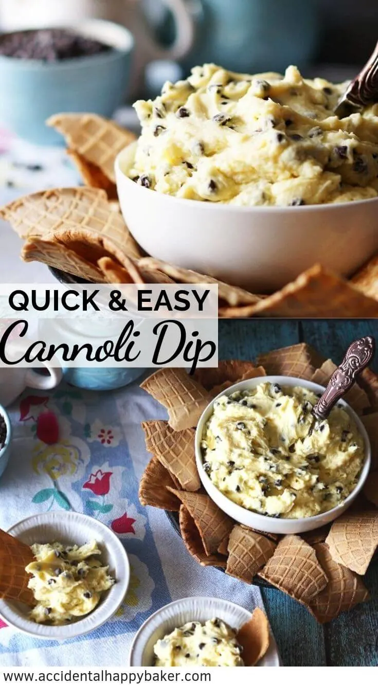 This cannoli dip couldn't be any easier! Just a few minutes to whip up, this creamy sweet ricotta dip tastes just like a classic cannoli but with a fraction of the work. #cannoli #cannolidip #dessertdip #accidentalhappybaker