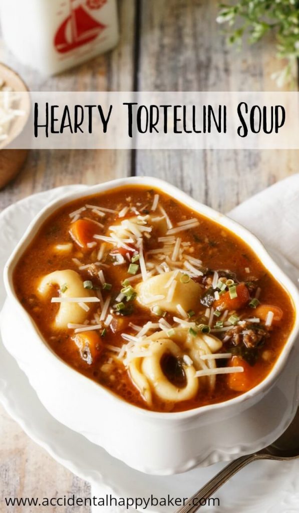 A bowl of hearty tortellini soup. 
