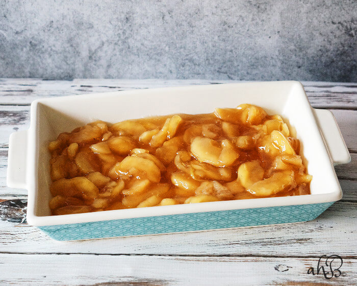 2 cans of apple pie filling make the base of the caramel apple dump cake. 