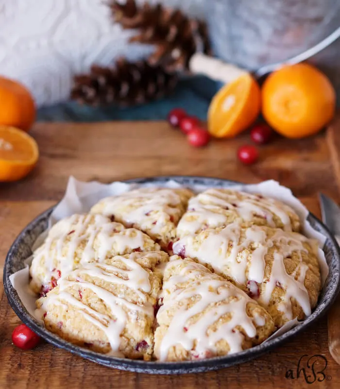A plate of cranberry orange scones on a wooden tray with oranges in the background.