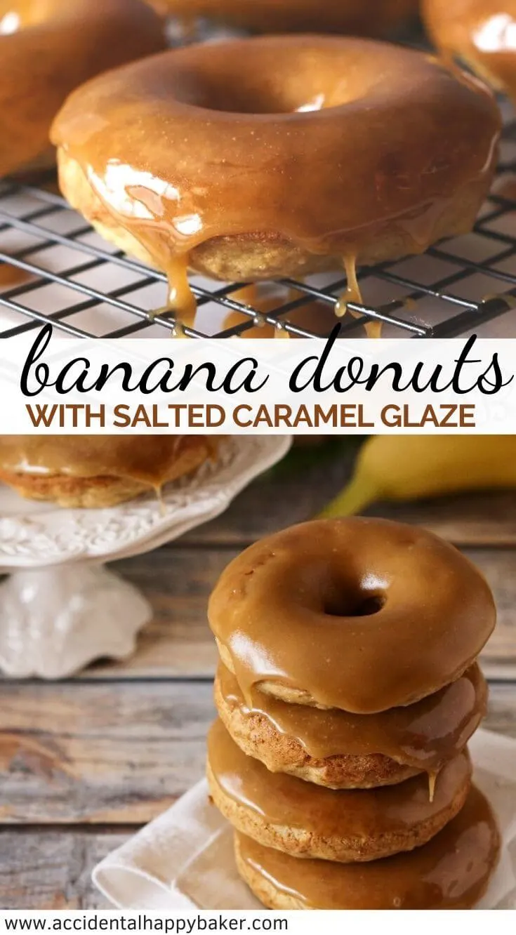 Moist banana bread-like donut dipped in a gorgeous buttery dark caramel glaze that sets up so pretty, with a pinch of salt to even out the sweetness. #bananadonuts