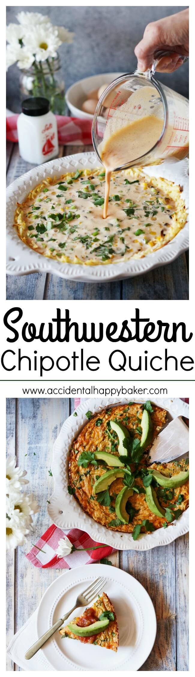 Spicy and smoky chipotles bring the flavor in this veggie loaded Southwestern Chipotle Quiche. Full of roasted corn, black beans, green onions, cheddar and a hashbrown potato crust. Recipe on www.accidentalhappybaker.com @AHBamy #ad #VivaLaMorena
