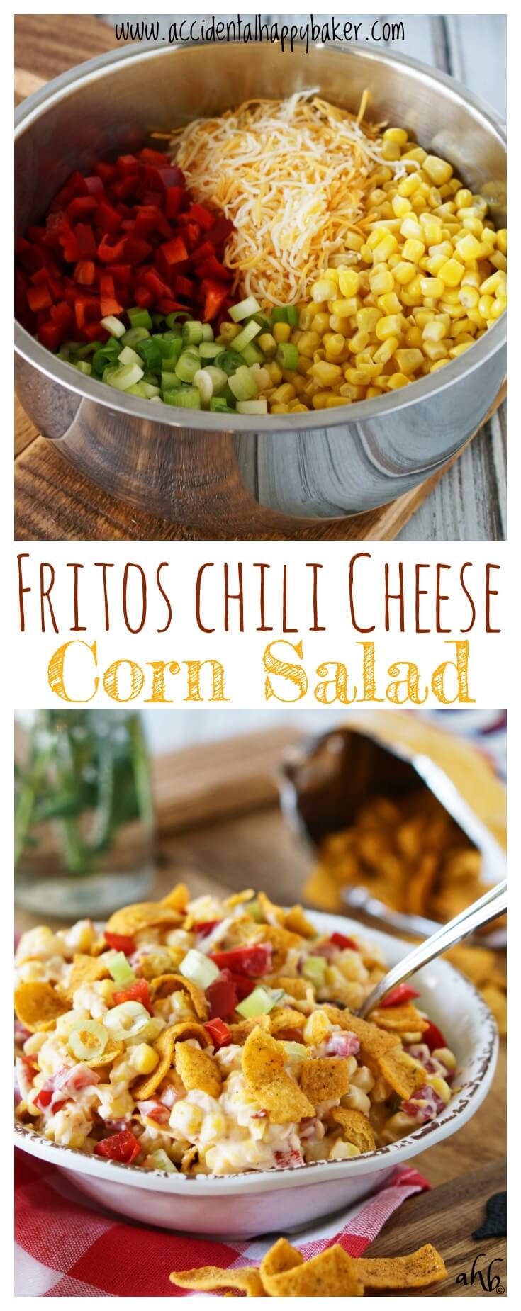 Crisp veggies, crunchy Fritos corn chips, cheddar cheese and a zippy creamy dressing. This Frito chili cheese corn salad couldn’t be easier, or more delicious!
