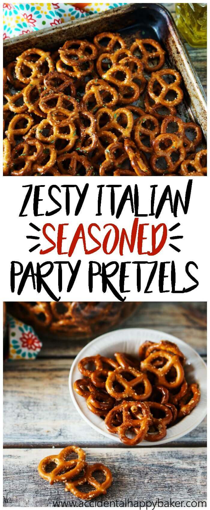 Zesty Italian Seasoned Pretzels are addictive! With a zippy garlic flavor and a bite of spiciness you'll keep going back for more. A perfect party snack. 