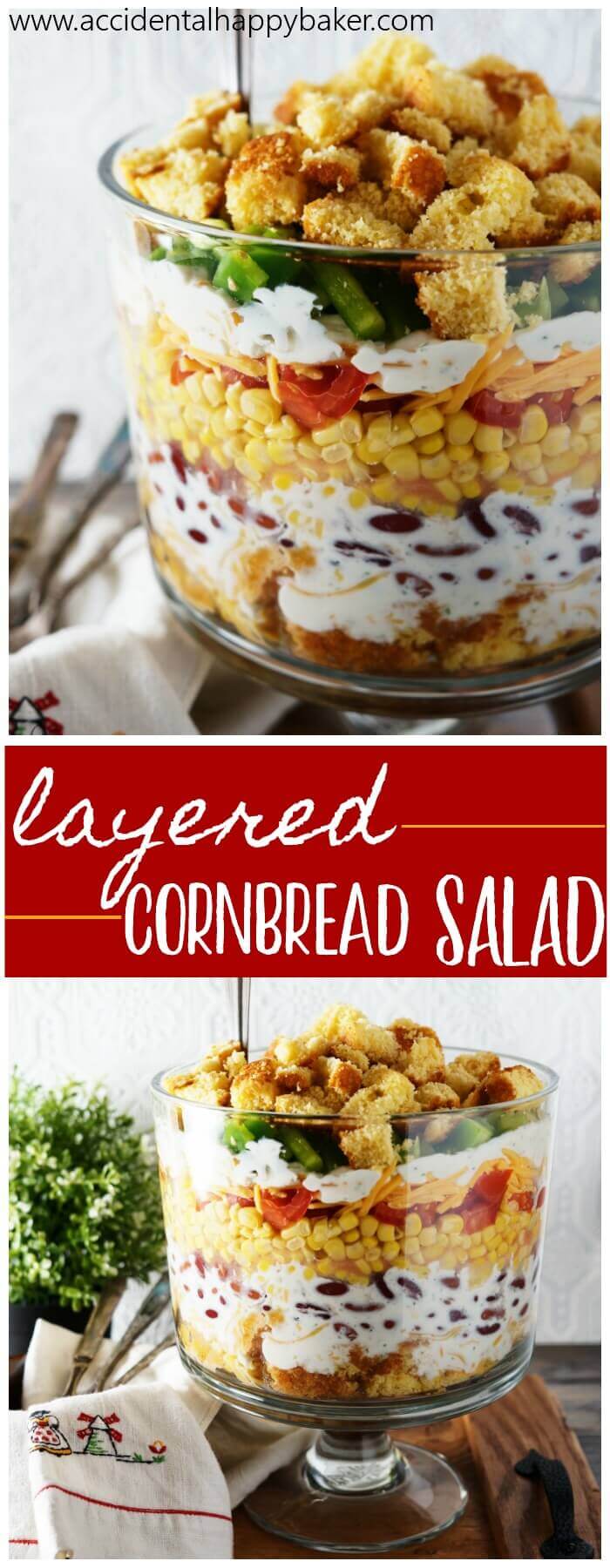 Fresh veggies are layered high with cornbread, cheese and ranch dressing. It’s crunchy, creamy, savory, and with the cornbread, just a hint of sweet as well for a combination that can’t be beat.