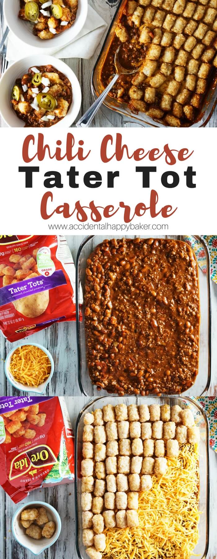 Chili Cheese Tater Tot casserole is an easy make ahead weeknight meal. A hearty beef and bean chili base is topped with gooey melted cheddar cheese and finished with crispy tater tots. 