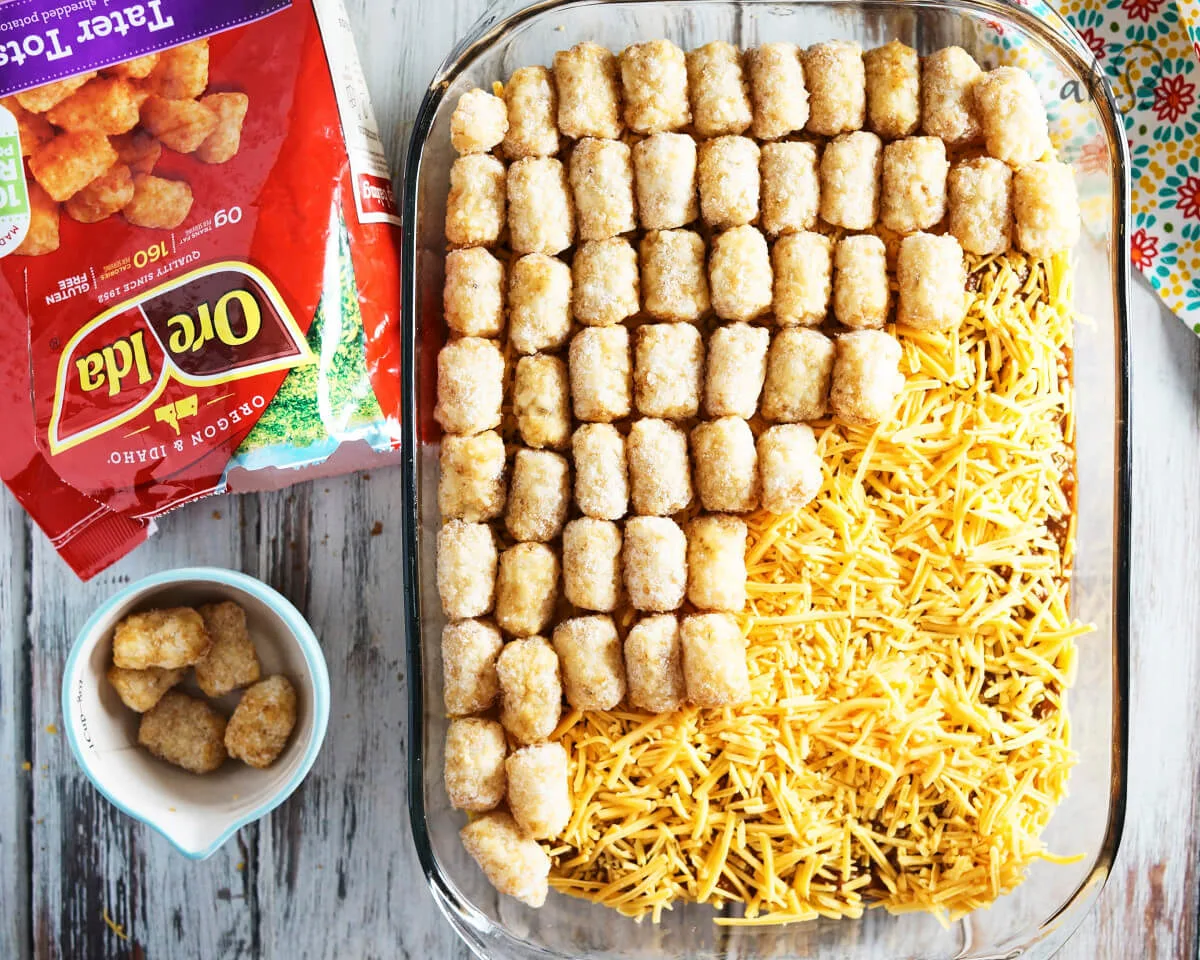 A layer of tater tots goes on top. 