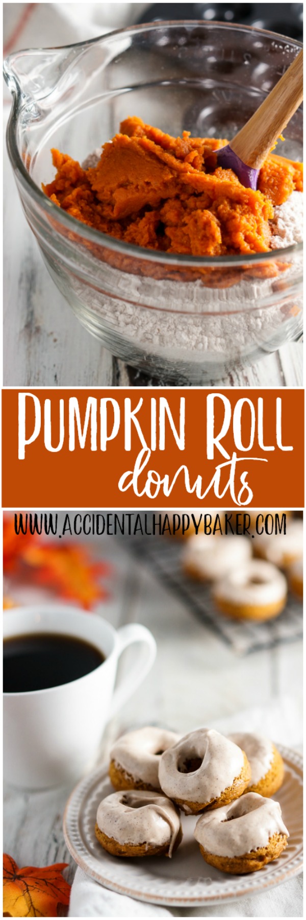 Pumpkin Roll Donuts, Bite-sized, spiced just right pumpkin donuts are topped with a cinnamon cream cheese glaze to  create perfectly poppable pumpkin roll donuts. 