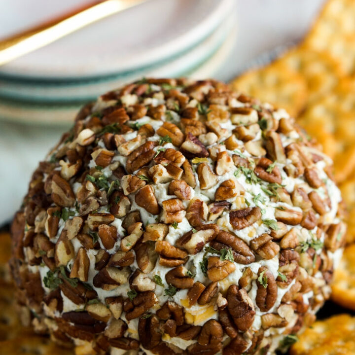 This blue cheese cheese ball has cream cheese, sharp cheddar cheese, and blue cheese blended together for an easy to make and elegant appetizer.