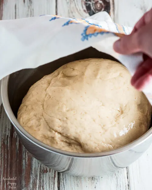 Oatmeal dinner roll dough is placed in an oiled bowl and covered. 