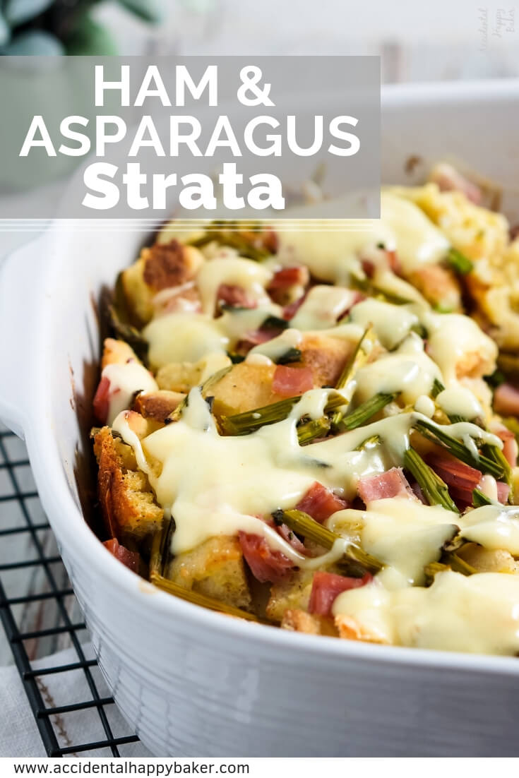 Layers of English muffins, ham, asparagus and cheese are drenched in eggs, Hollandaise mix and half and half for a hearty breakfast casserole that works great anytime of year. #ham #asparagus #breakfastcasserole #breakfastrecipe #accidentalhappybaker