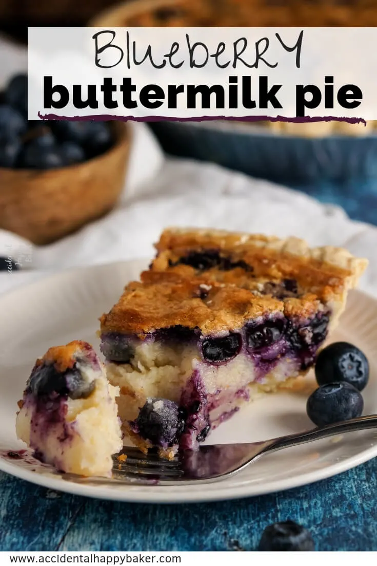 Blueberry buttermilk pie has a rich and creamy filling studded with juicy blueberries nestled in a flaky crust for a simple to make old-fashioned favorite. #pie #blueberry #buttermilk #buttermilkpie #easyrecipe #accidentalhappybaker 