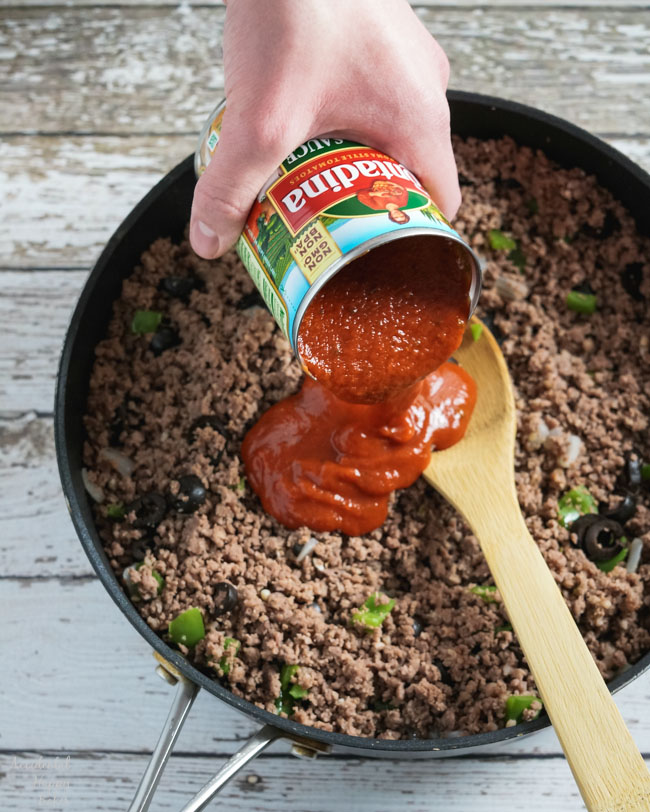 Pizza Sauce is added to the ground beef mixture.