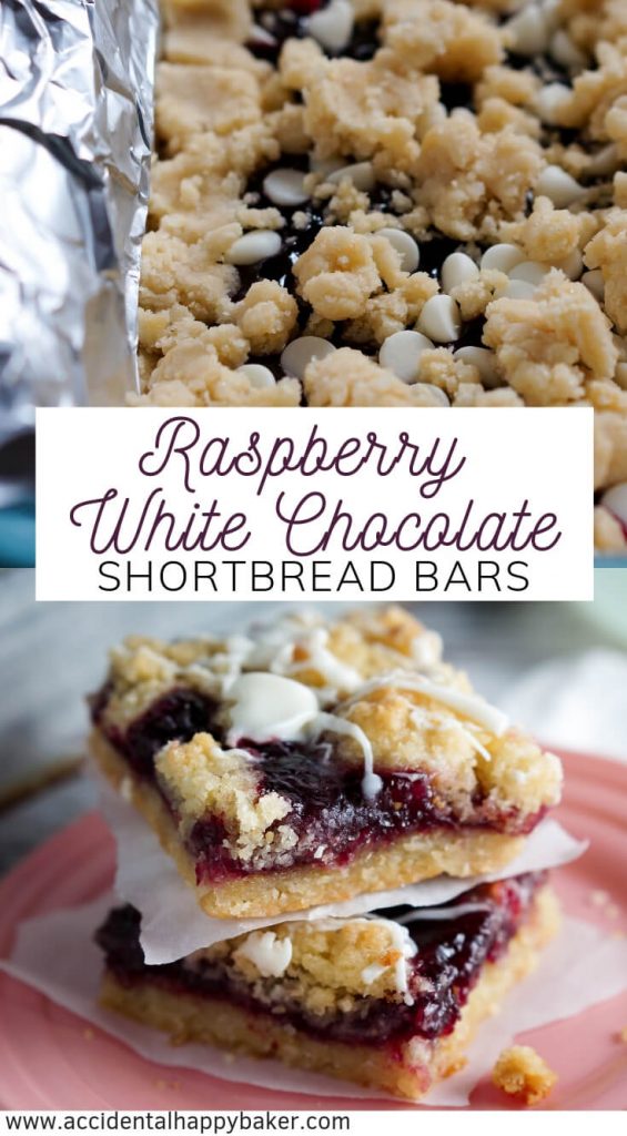 Raspberry white chocolate shortbread bars have buttery sweet and crisp shortbread cookie dough sandwiching raspberry jam and white chocolate chips for an easy cookie bar recipe that tastes and looks decadent! #raspberry #cookiebar #shortbreadcookie #whitechocolate #accidentalhappybaker
