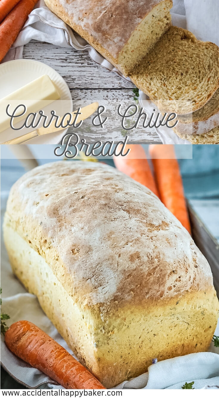 Homemade carrot and chive bread is hearty, rustic and speckled throughout with orange and green from the carrots and chives. #homemadebread #carrotbread #yeastbread #breadrecipe #accidentalhappybaker