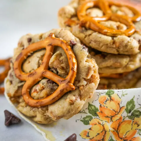 A stack of Peanut Butter Pretzel Chocolate Chip Cookies