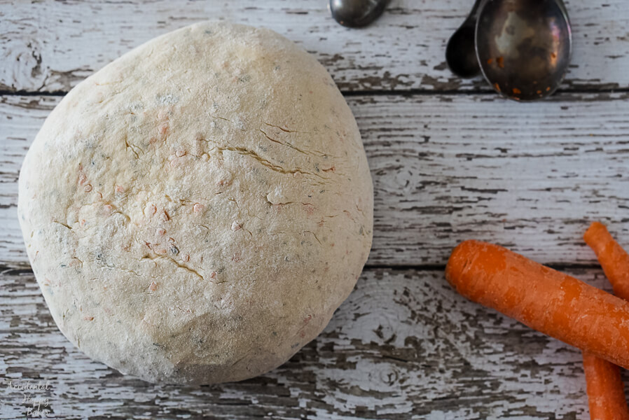 Carrot and chive bread dough after kneading. 