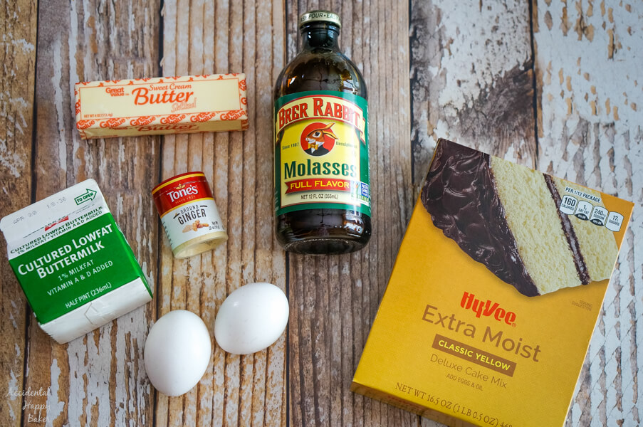The ingredients you will need: boxed yellow cake mix, eggs, ginger, buttermilk, butter, and molasses. 