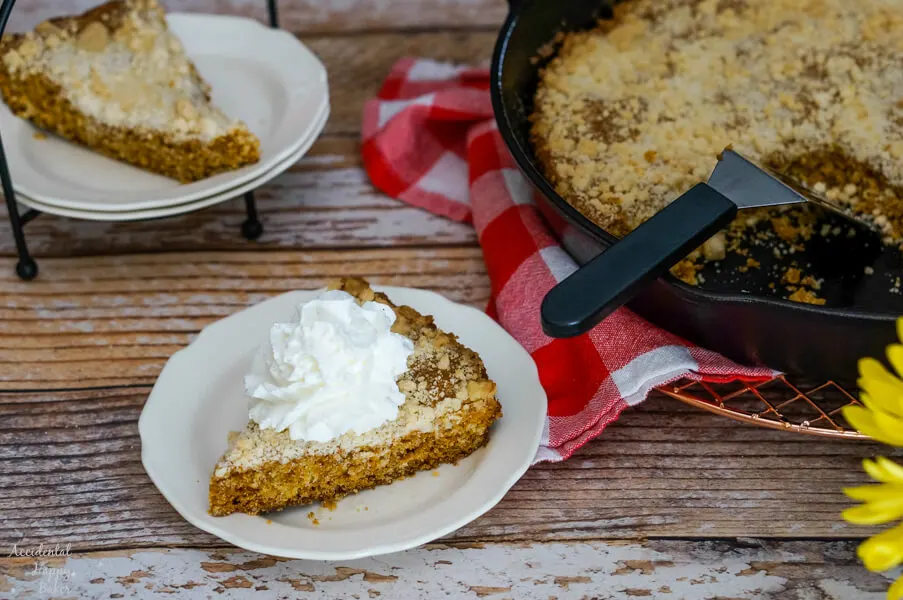 A slice of Molasses Skillet Cake with whipped cream sits next to a cast iron skillet.