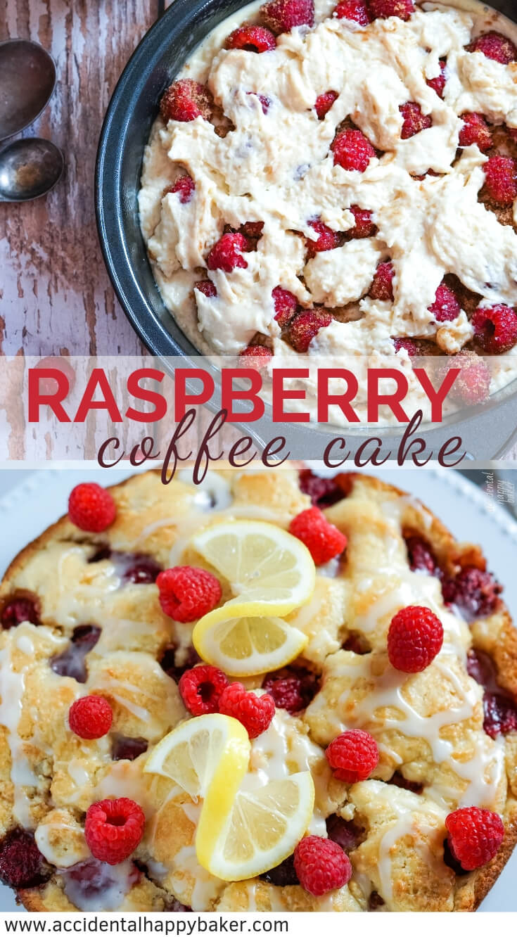 Raspberry coffee cake has tender vanilla cake surrounding juicy fresh raspberries and is topped with a bright lemon glaze. No mixer required and ready in about 45 minutes. #raspberry #coffeecake #coffeecakerecipe #accidentalhappybaker