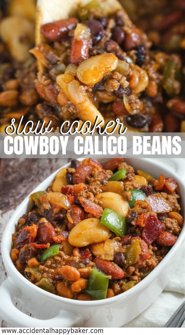 low Cooker Calico Beans have a variety of colorful beans slow simmered in a sweet and tangy sauce with ground beef and bacon. #groundbeefrecipe #groundbeef #slowcooker #bakedbeans
