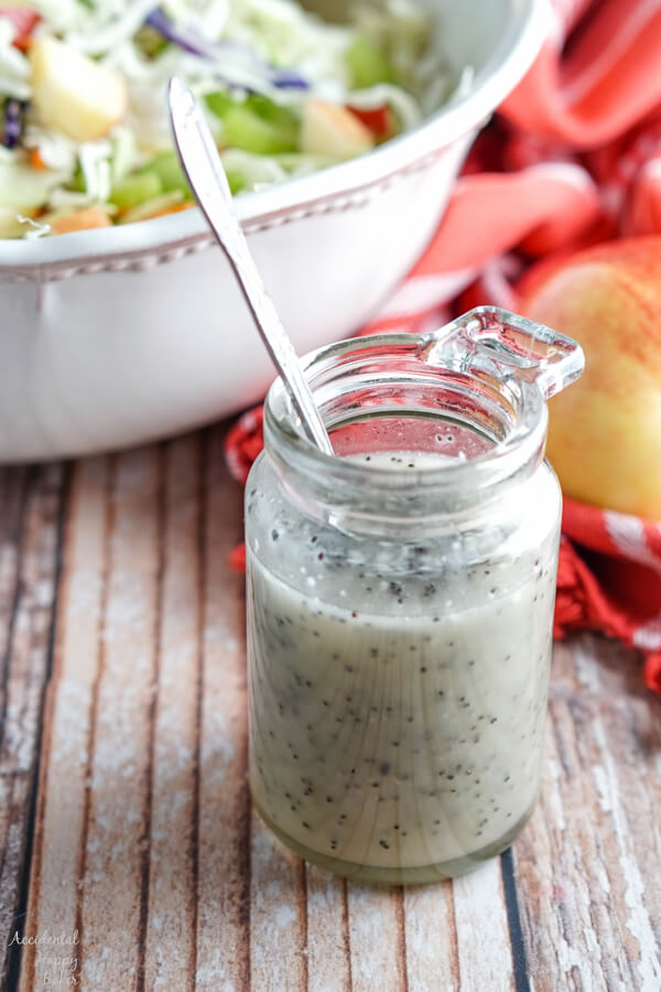 Apple coleslaw is dressed with a homemade poppy seed dressing.
