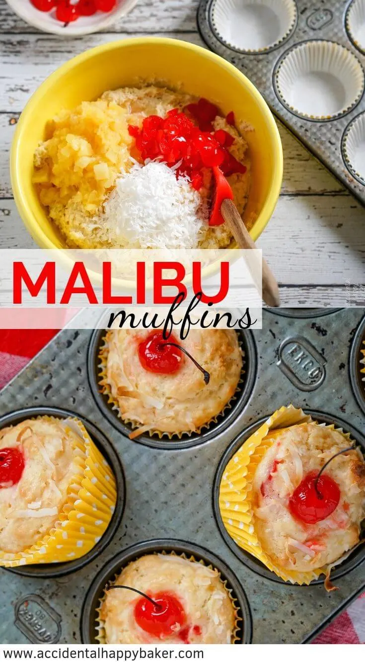 Malibu Muffins are full of pineapple, coconut, maraschino cherries, and a hint of rum flavor for a breakfast treat that packs the flavor of summer days sitting beach side. #muffins #pineapple #coconut #tropicalmuffins #accidentalhappybaker