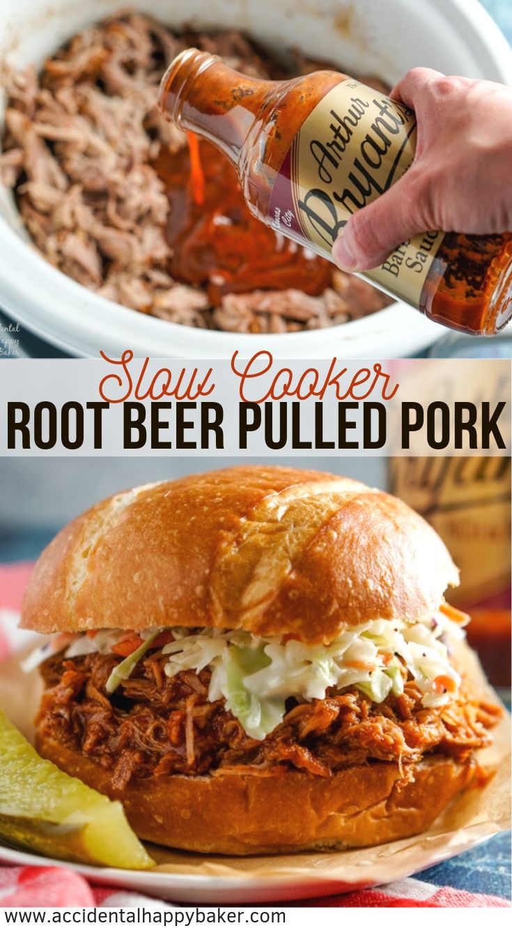 Pork is slow simmered with apples, onions, and root beer until it’s fall-apart tender, then mixed with barbecue sauce in this slow cooker root beer pulled pork recipe. #slowcooker #pulledpork #rootbeerpulledpork #porksandwiches #accidentalhappybaker