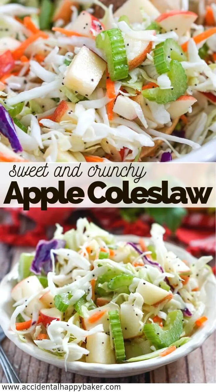 Apple coleslaw is crisp and crunchy with fresh apples, celery and cabbage and topped with a tangy homemade poppy seed dressing. #applecoleslaw #coleslaw #summersidedish #accidentalhappybaker