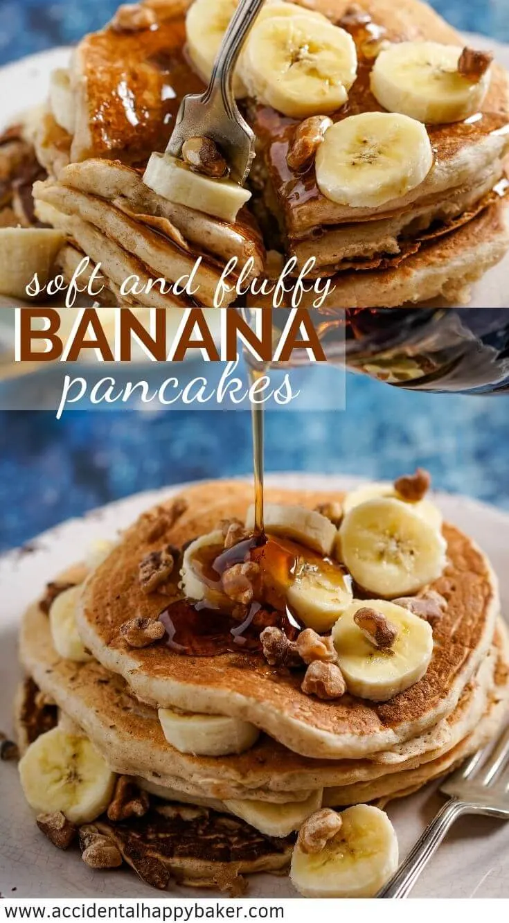 Light and fluffy banana pancakes have the taste of banana bread baked inside to make an easy breakfast treat your whole family will love. #bananapancakes #pancakerecipe #breakfast #brunch #pancakes #accidentalhappybaker