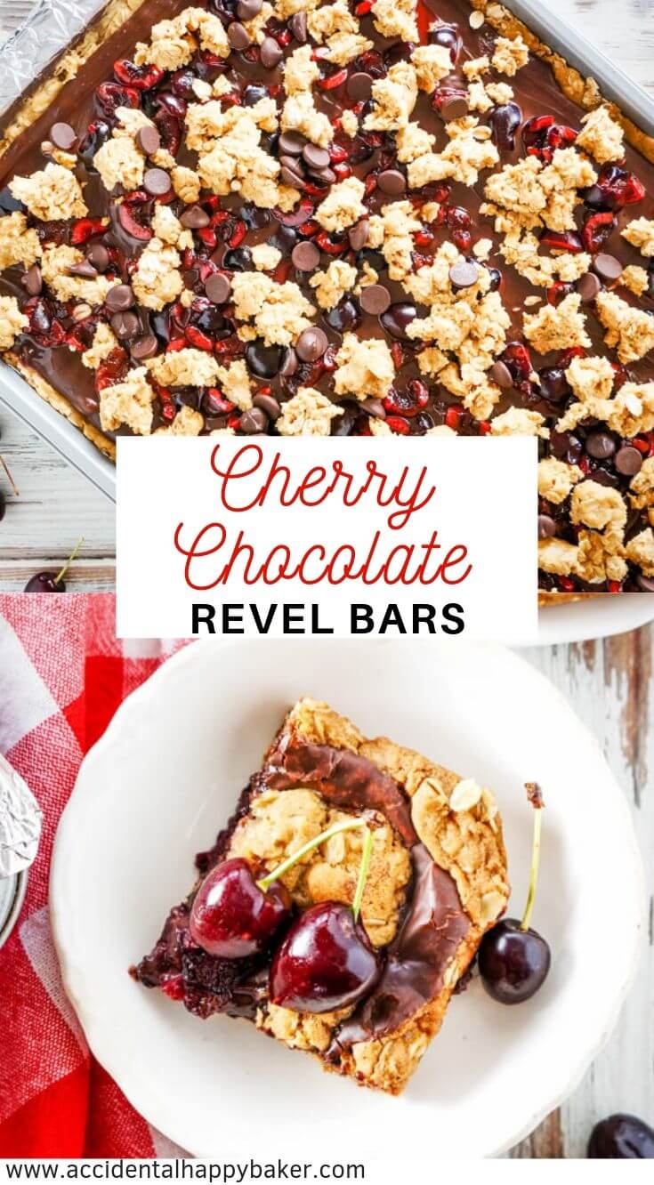 Fresh cherries are baked into these cherry revel bars for a decadent and dark fudgy chocolate cookie bar that makes a batch big enough for a crowd! #cherryrevelbars #revelbars #cherrychocolate #cookiebars #accidentalhappybaker
