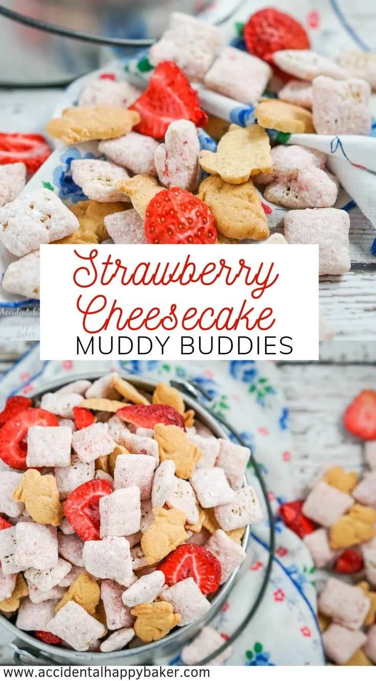 Strawberry Cheesecake Muddy Buddies, strawberry cheesecake flavored muddy buddies with real strawberries and bites of graham crackers. An easy no bake snack mix that everyone will love! #strawberry #cheesecake #puppy #chow #muddy #buddies #recipe #easy #quickly #no #bake #recipe #dessert 