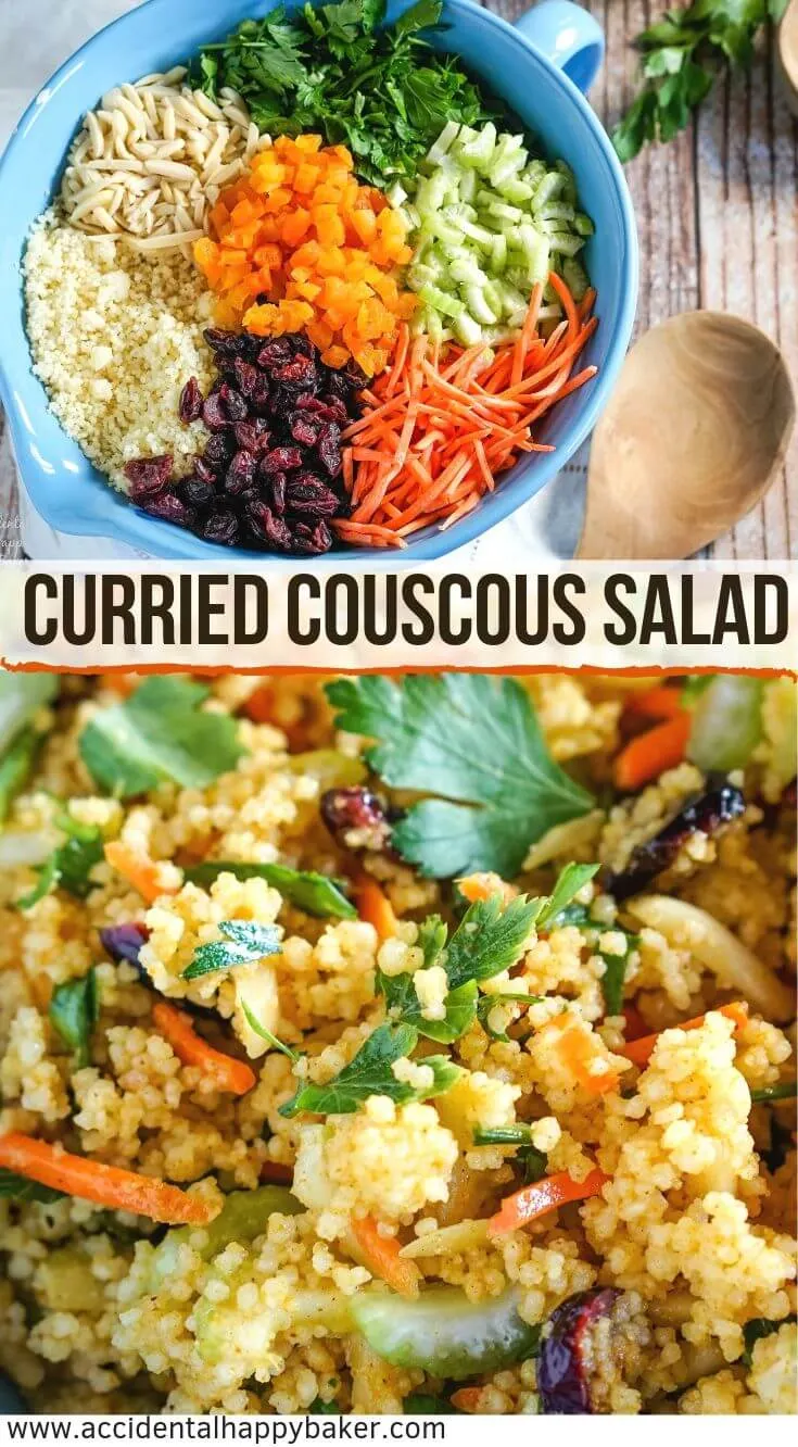 Curried couscous salad is fragrant, sweet and spicy with loads of crunchy fresh veggies, nuts, and dried fruit. This salad is delightfully different, keeps well in the fridge and is so easy to make. #curry #couscous #couscousalad #accidentalhappybaker