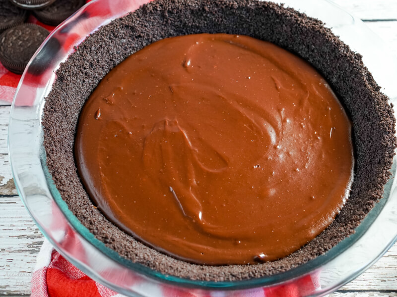 The first layer of chocolate oreo pie is a homemade chocolate pudding. 