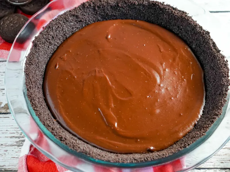 The first layer of chocolate oreo pie is a homemade chocolate pudding. 