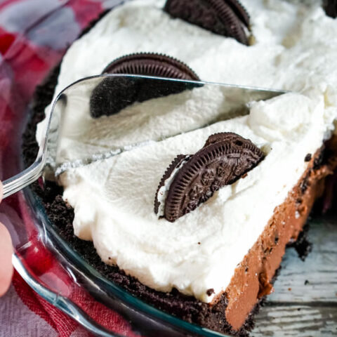 A close up of slicing into the Oreo Pie