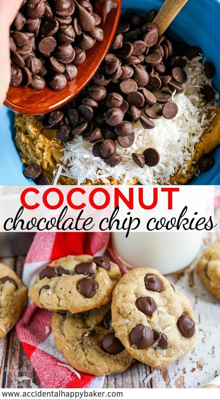 Chewy Coconut Chocolate Chip cookies are the perfect combination between chewy macaroons and classic chocolate chip cookies. #BakeBetterCookies #chocolatechipcookies #coconutchocolatechip #coconutcookies #chewycookies