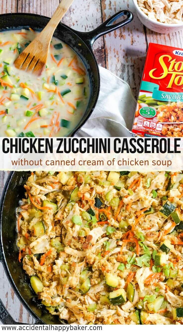 Chicken Zucchini Casserole is the perfect hearty weeknight dinner and a great way to sneak in more veggies. Chicken, vegetables and stuffing are tossed with a creamy homemade sauce and then baked in the oven. #chickenzucchinicasserole #chickencasserole #zucchini #weeknightdinner #accidentalhappybaker