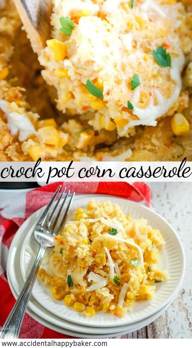 Crock Pot Corn Casserole is a creamy and cheesy corn pudding casserole full of sweet corn baked with cornbread mix. #crockpotcorncasserole #corncasserole #cornpudding #accidentalhappybaker