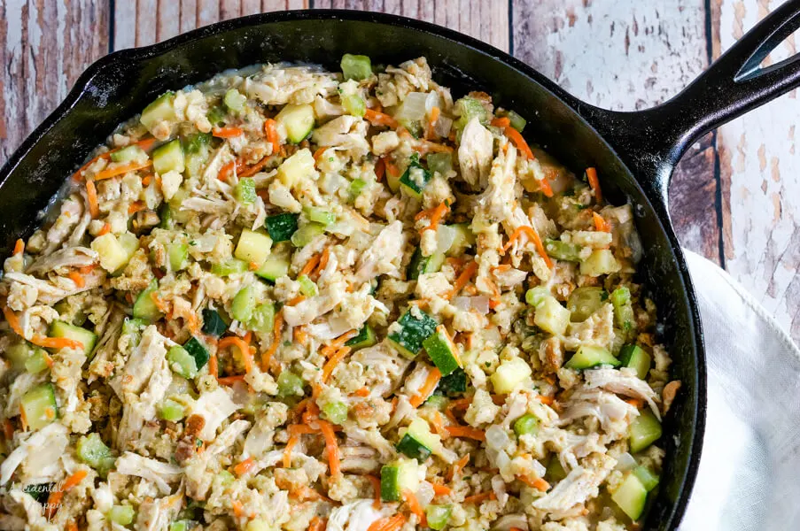 The last component added to the chicken zucchini casserole is stuffing mix. 
