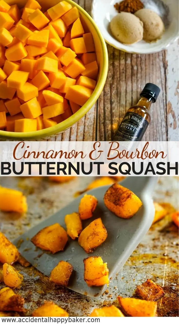 Bourbon and Cinnamon Roasted Butternut Squash, diced butternut squash is tossed with olive oil and bourbon, then coated in cinnamon, brown sugar and salt before roasting in the oven. #butternutsquash #cinnamonroastedsquash #roastedbutternutsquash