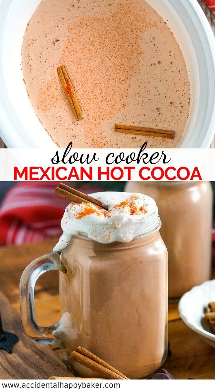 Slow Cooker Mexican Hot Cocoa makes a rich chocolaty sweet and spicy drink that warms you from the inside out. Made with cocoa, cinnamon, cayenne and 2 kinds of sugar. #mexicanhotchocolate #mexicancocoa #slowcookerhotchocolate 