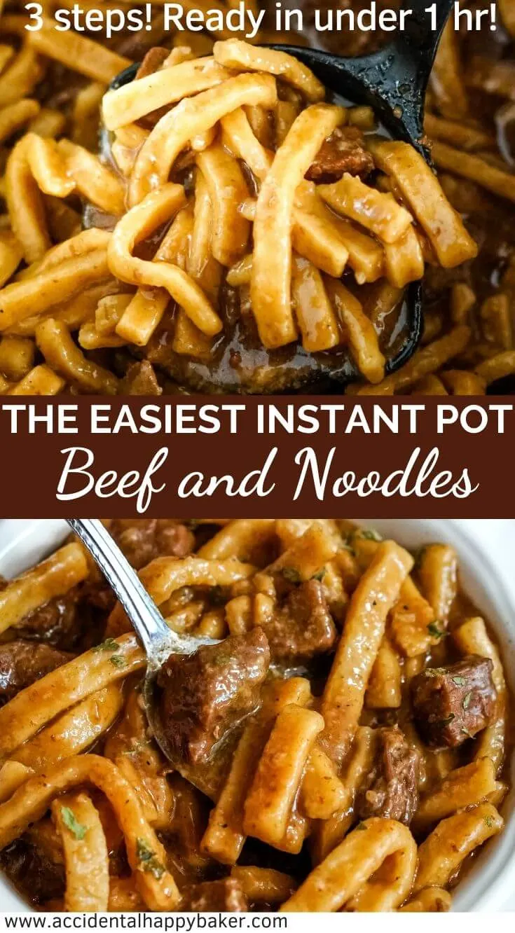 The easiest Instant Pot Beef and Noodles recipe you'll ever try. A traditional hearty beef and noodles recipe in 3 easy steps and under an hour. #instantpot #beefandnoodles #easyrecipe #weeknightdinner