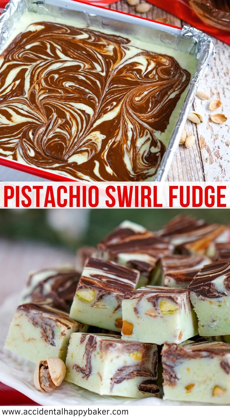 Pistachio swirl fudge is an easy to make candy recipe that results in a rich and creamy pastel green pistachio fudge that's studded with chopped pistachios and swirled with dark chocolate. #pistachiofudge #swirledfudge #easychristmascandy #fudgerecipe