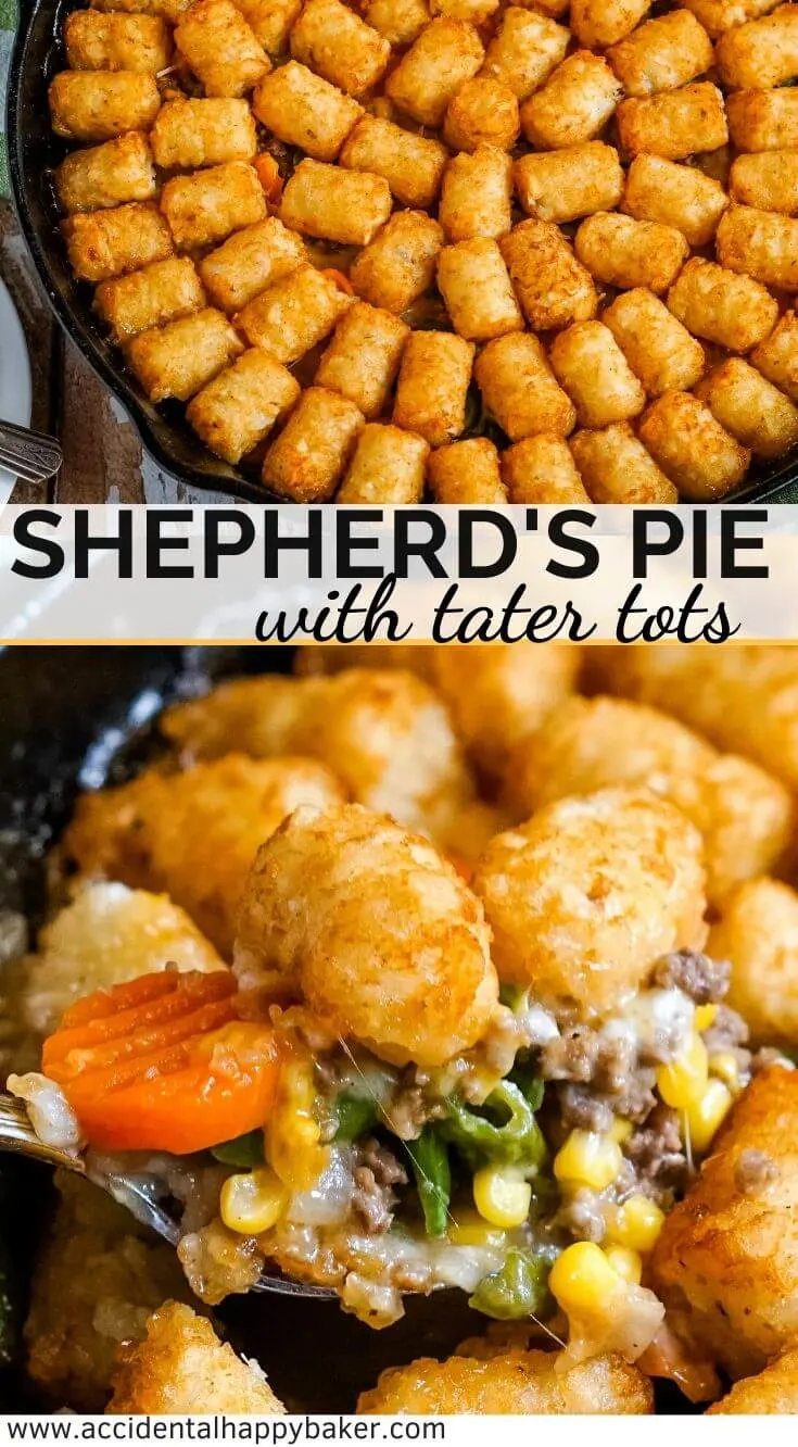 Shepherd’s Pie with Tater Tots makes a comfort food classic into an easy one dish weeknight dinner. Ground beef and mixed vegetables in a savory gravy topped with cheese and tater tots. #shepherdspie #tatertothotdish #maindishcasserole #weeknightdinner #accidentalhappybaker