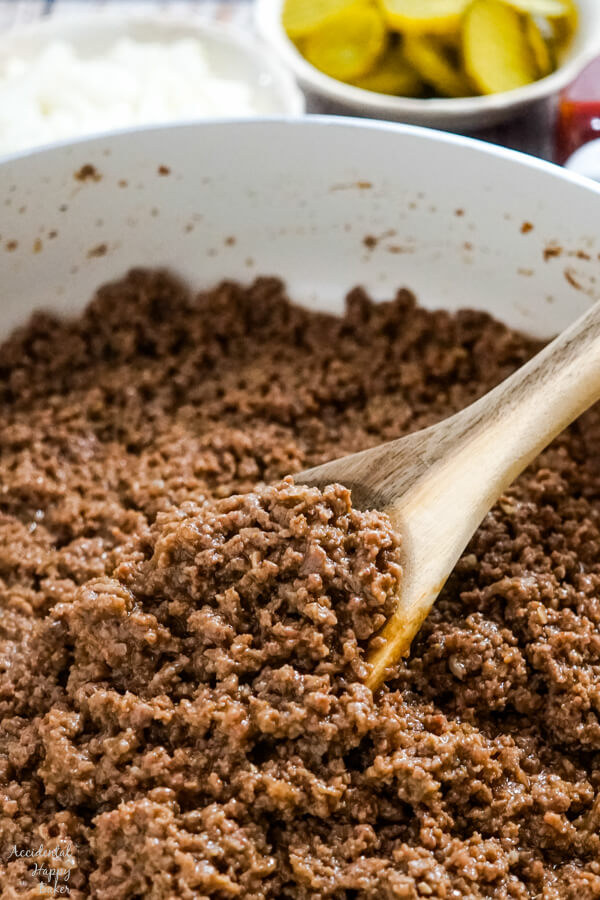 A spoonful of ground beef filling for the loose meat sandwiches
